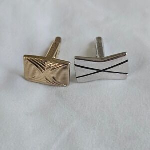 VTG Cufflinks Gold Silver Mismatched Mens OS Etched Enamel Two Singles Unbranded